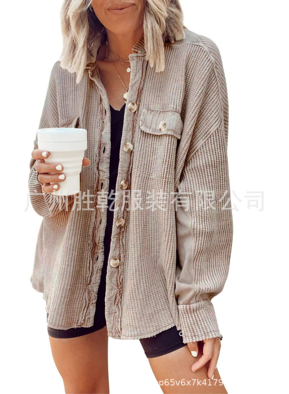 2025欧美跨境外贸秋冬拼接针织开衫外套女时尚休闲小立领口袋华夫|undefined