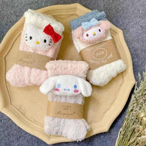 Threeleaf Coral Fleece Slippers with Breathable, Thick, and Warm White Lolita Cute Cartoon Sleep Floor Socks