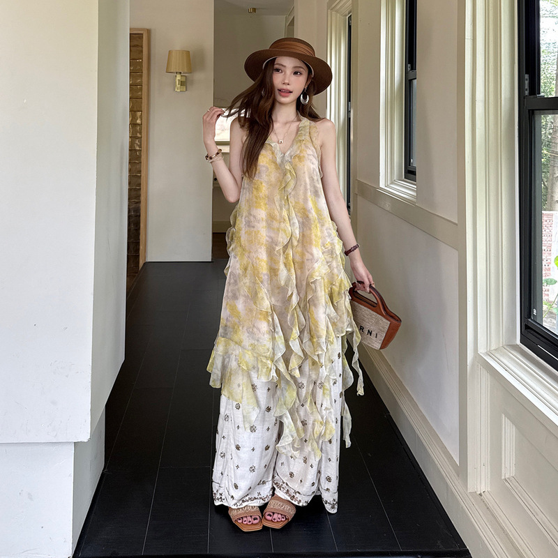 In-Stock Lemon Tree Print Sunset Dress, New Spring/Summer Bohemian Style Ruffle Dress, V-Neck Vacation Long Dress