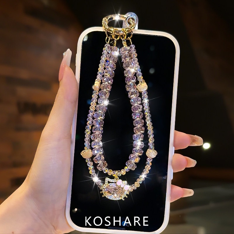 Honey Peach Cat Flash Diamond cadena de teléfonos móviles ligera de lujo nicho de alta calidad bolsos de cristal colgante colgante de mano lindos dibujos animados
