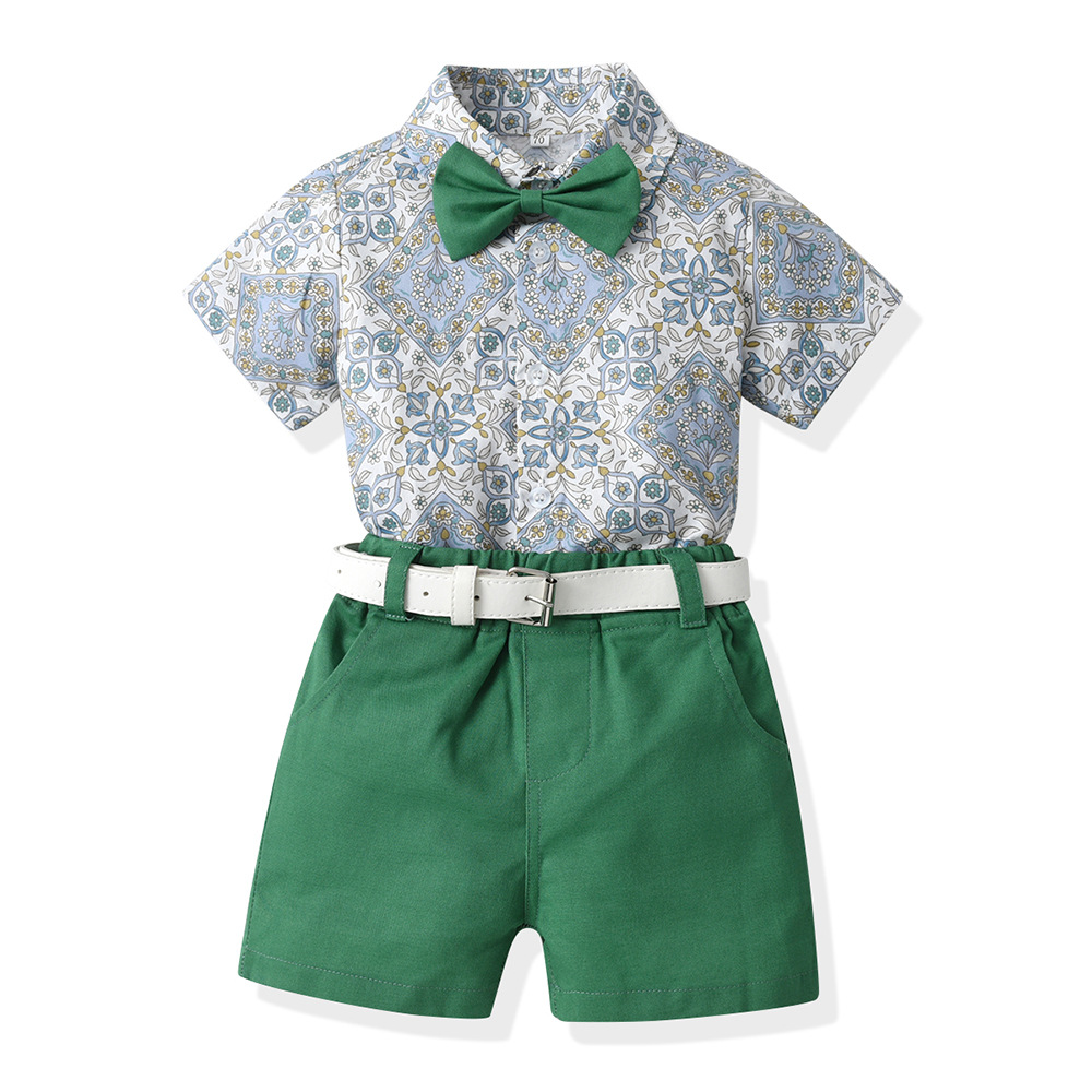 Impresión pastoral de verano con solapa camisa de mangas cortas para niños pantalones cortos dos piezas set coreano para niños y niñas show dress set