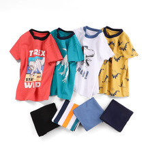 童装儿童家居套装100%纯棉欧美风卡通男宝宝恐龙短袖短裤一件代发