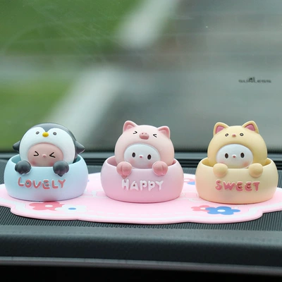 Car ornaments | figurines creative - penguin-cat-piglet-pink-lucky-mat