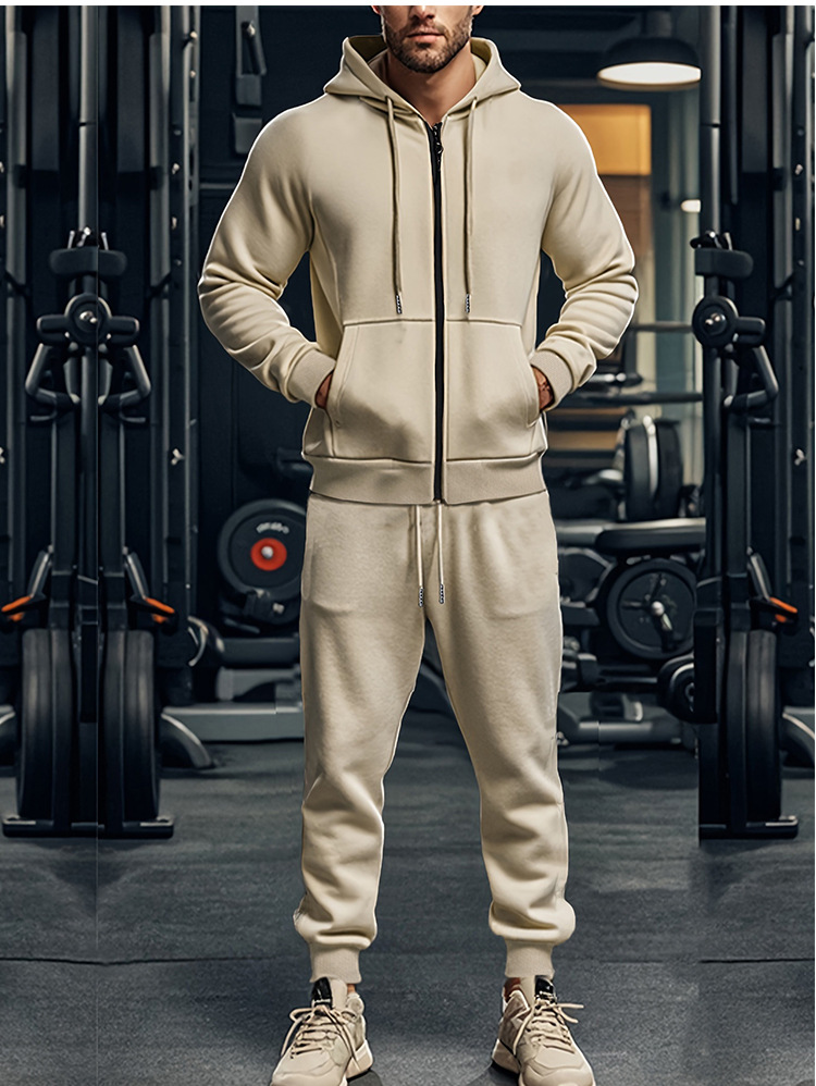 Men's Clothing Men's Heavy Fleece Two Piece Suit Long Sleeved Hooded Sports Leisure Warm Autumn Set Solid Color_viptrois.com