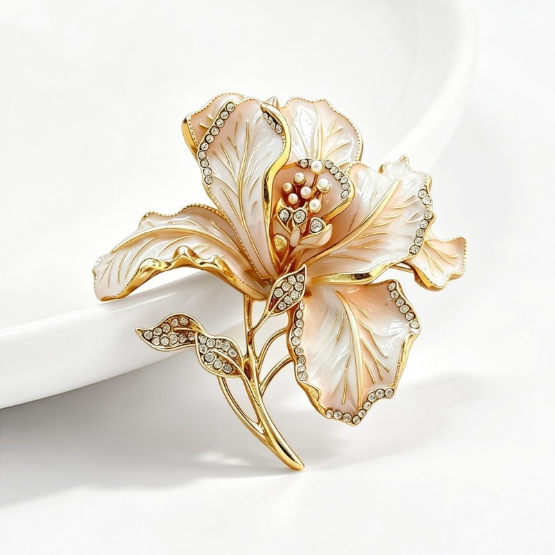 Vintage enamel floral brooch, high-end diamond-encrusted pearl flower pin, suitable for suits and outerwear, cross-border jewelry