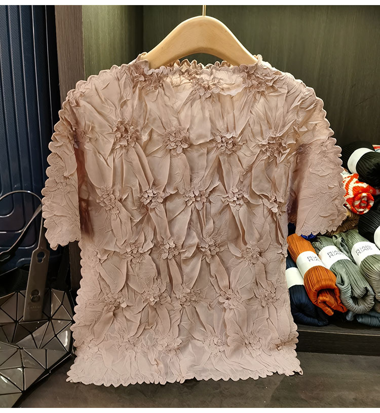 Áo thun nữ tay ngắn cổ tròn chất liệu cotton dập nổi hoa văn nổi cao cấp — Màu đen, Màu đào, Màu trắng, Màu xám chi tiết 21