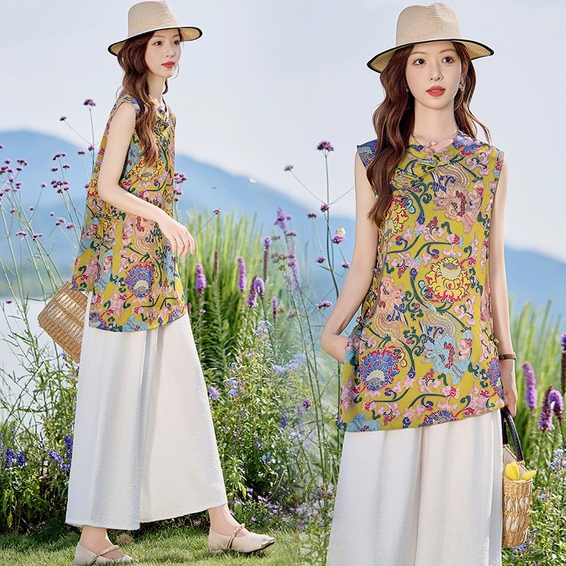 Летний костюм для женщин больших размеров 2025 года, новый дизайн, неровный подол, китайский стиль, молодежный, богатый.