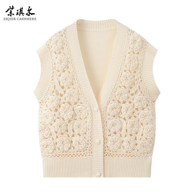 Hollow-Out Knitted Cashmere Cardigan for Women, Autumn and Winter Pure Cashmere Sweater, Crochet Floral Vest, Sleeveless Top, Sleeveless Jacket Hollow-Out Knitted Cashmere Cardigan for Women, Autumn and Winter Pure Cashmere Sweater, Crochet Floral Vest, Sleeveless Top, Sleeveless Jacket