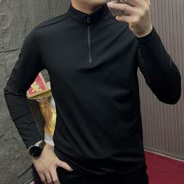 秋季新款潮流时尚个性拉链长袖高领T恤男士轻奢简约小众休闲男装
