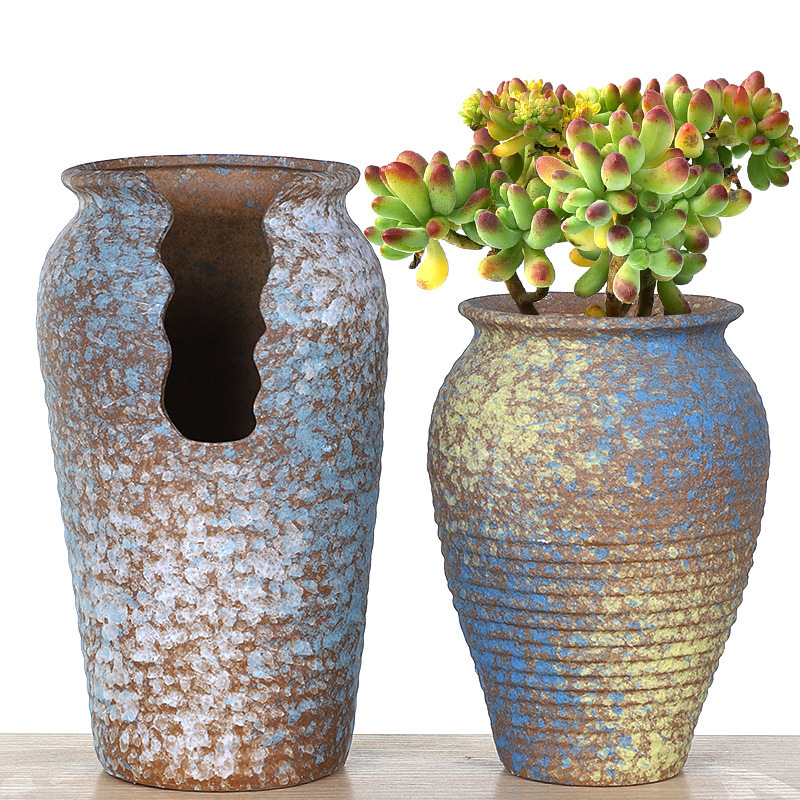 Fleshy flowerpot stoneware breathable large and small caliber old pile ceramic retro plant suit combination creative special clearance