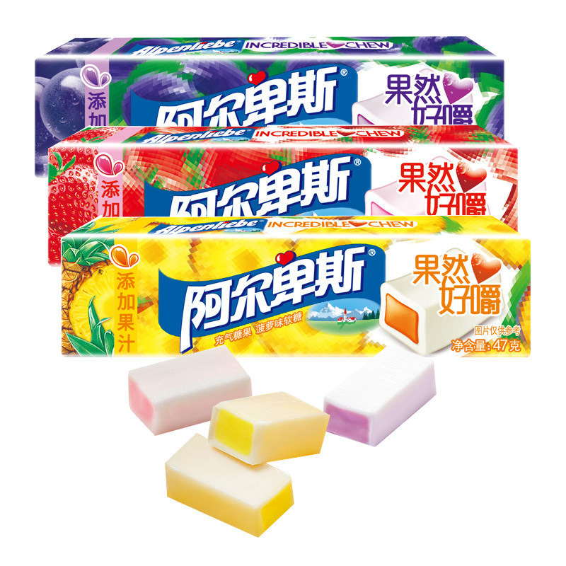 Alps Candy—truly delightful to chew! 47g x 12 packs of inflatable gummies, offering a variety of fruity flavors—perfect as a fun snack for kids.