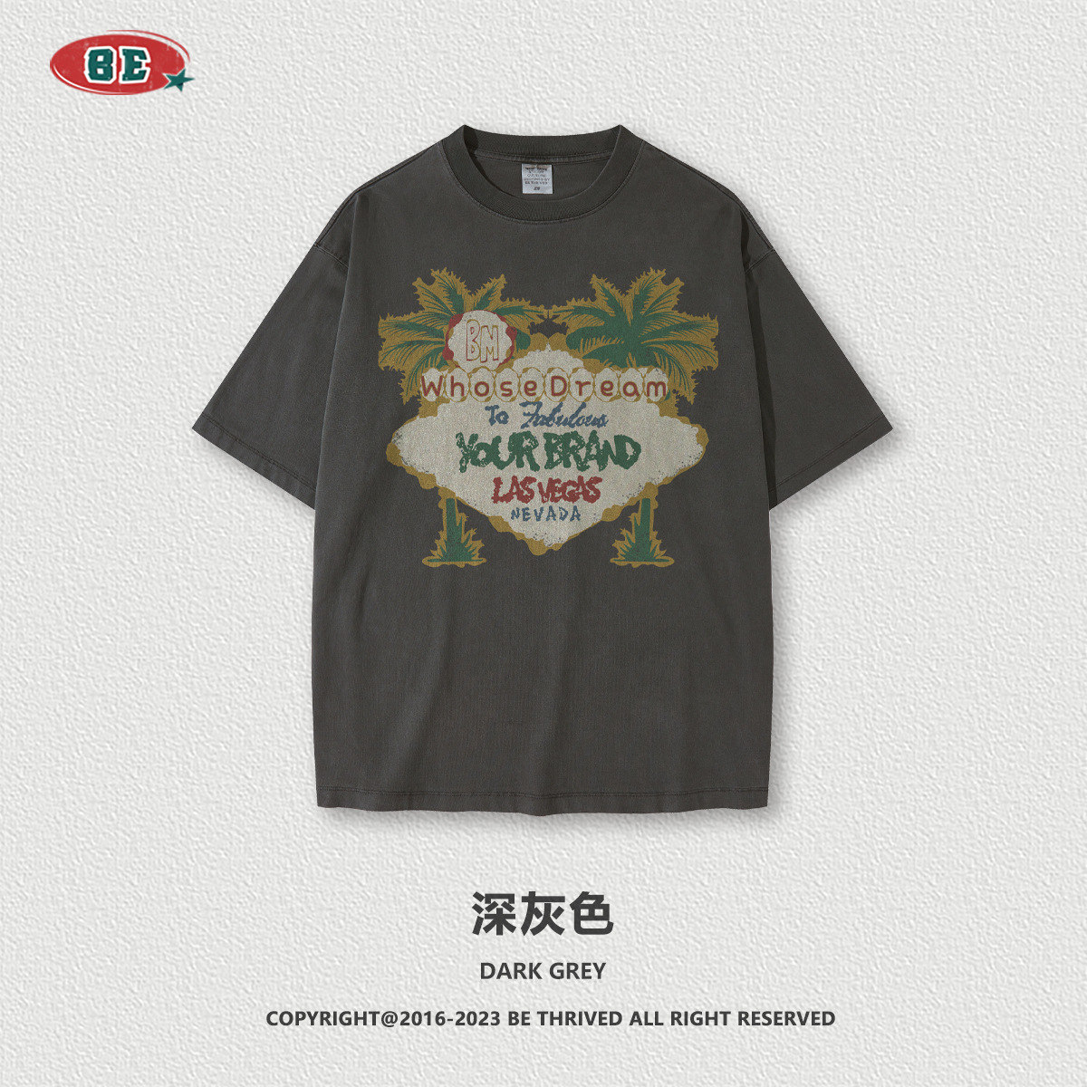 Camiseta de Marca BE para Hombre, Colección Primavera/Verano 2025, Estilo Vacaciones en la Costa Oeste, con Estampado de Palmeras, Manga Corta, Holgada, Moderna, Casual y Versátil