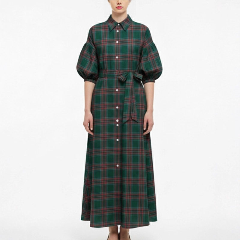 2025 Women's New Fashion Christmas-Themed Green and Red Plaid Long Casual Fashion Shirt Dress