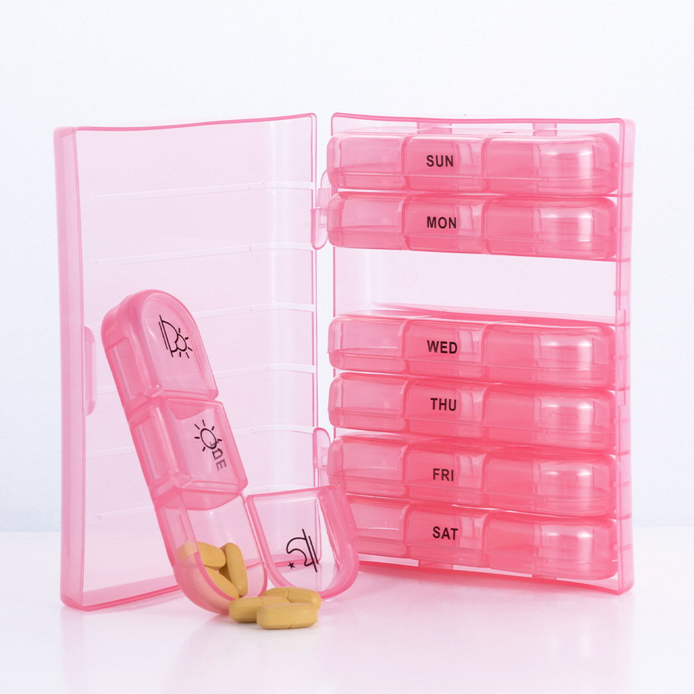 药盒透明粉色21格7天每天3次塑料药盒亚马逊每周维生素药片收纳盒