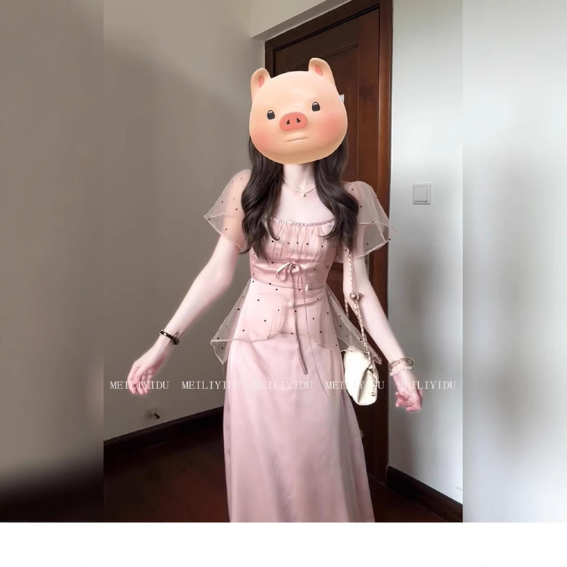 Cross-Border New 2025 French Mesh Splicing Polka Dot Satin Dress Women's Gentle Style Waist Long Skirt Summer