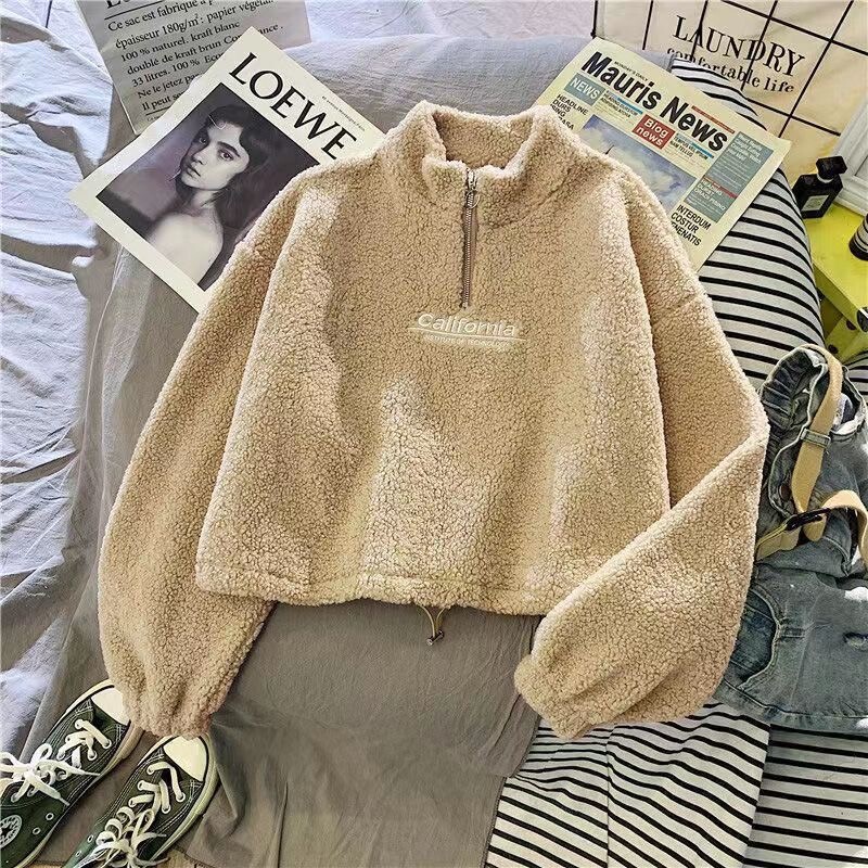 Autumn and Winter New Lamb Fleece Short Sweatshirt for Women Trendy Ins Thickened Loose Korean Style Zip-Up Jacket Trendy