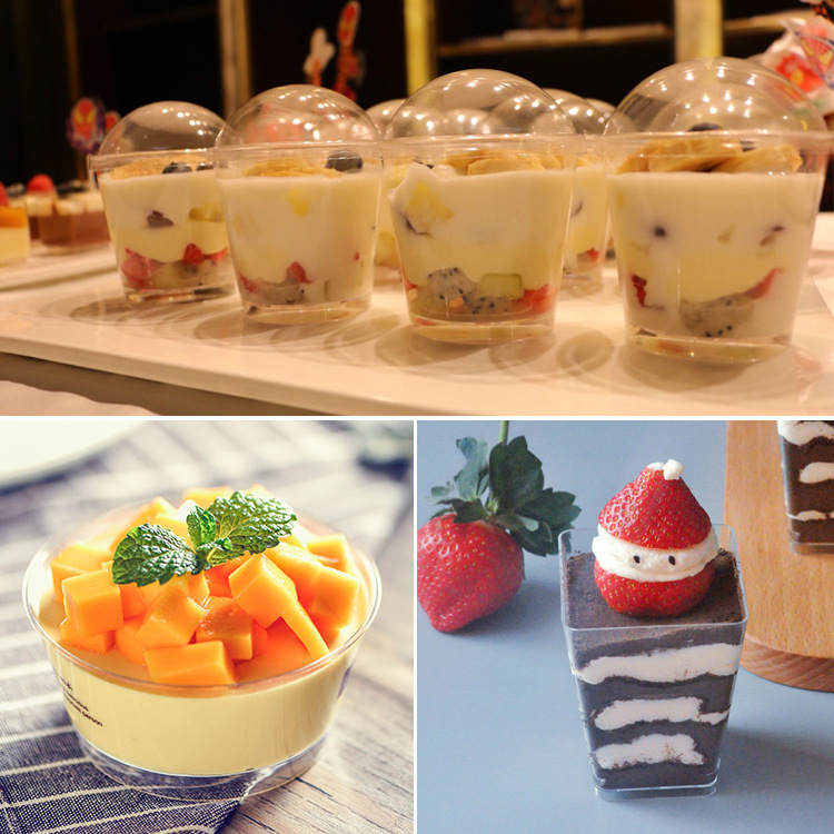 Mousse taza pudín taza de helado taza de plástico taza desechable con tapa transparente cuadrado de madera Copa de salvado