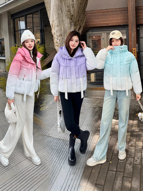 跨境棉衣2025新款渐变色棉服女美式棉袄学生连帽冬装外套加厚外套|undefined