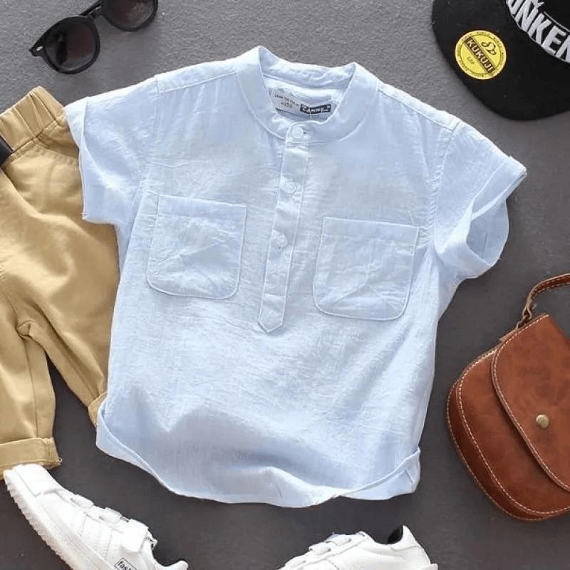 Children's short-sleeved shirt, summer style, linen cotton yarn, thin base layer, fashionable and casual, for boys and girls.