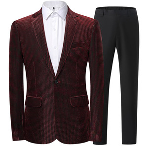 men suit set 男式格子休闲西服套装男新郎结婚礼服修身西装套装图片