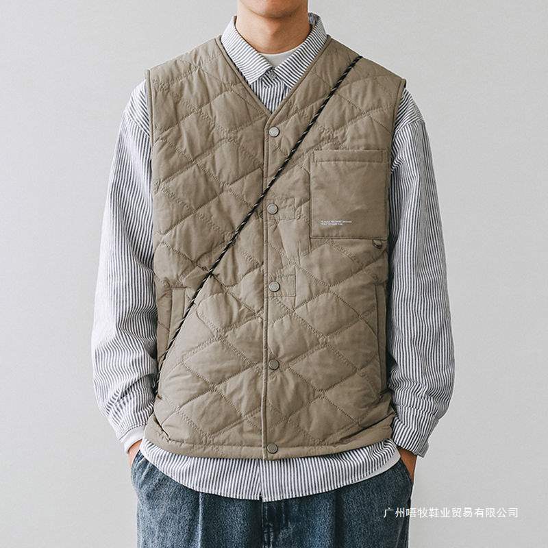 Autumn and Winter Cotton Layered Men's Simple Casual Lightweight Warm Inner Vest Cardigan Work Vest Top