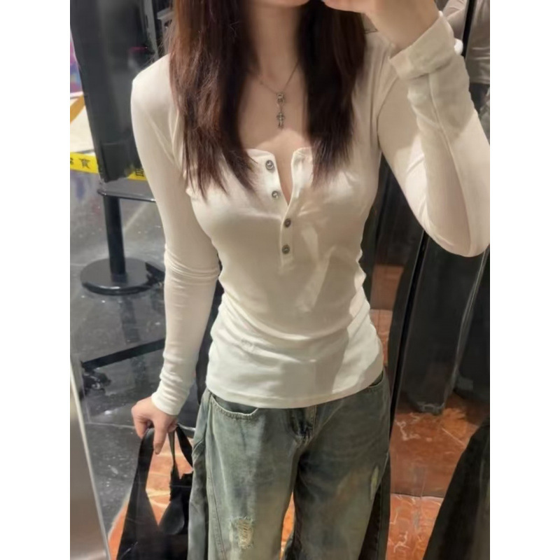 【人棉平纹】美式辣妹V领设计感小众长袖T恤女早秋薄款白色上衣|undefined