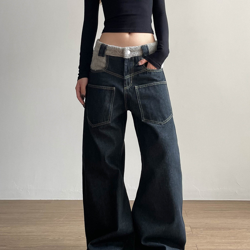 High Street Niche Design Reverse-Wear Jeans Washed Retro Waistband Spliced ​​Velvet Straight Wide-Leg Scimitar Pants