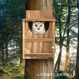 户外木制猫头鹰屋 悬挂式简易木制猫头鹰巢壁挂式猫头鹰木屋跨境