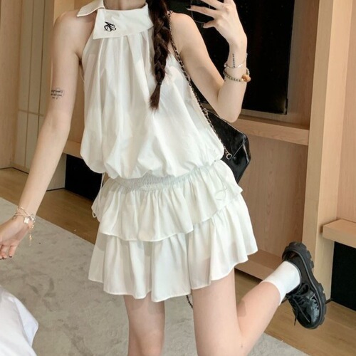 Lady's Slip String Neckless Sleeveless Bralette Two-Piece Set with White Cake Semi-Skirt 2025 Summer New Arrival
