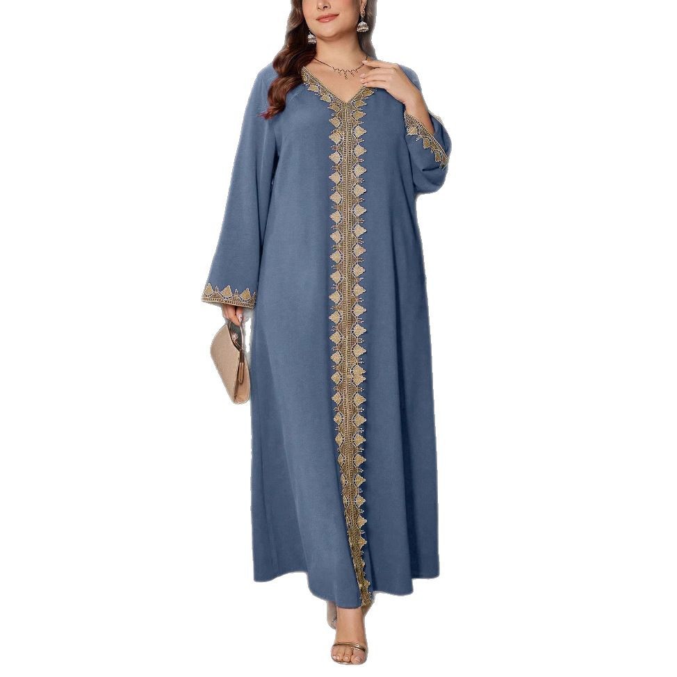 Ethno-Stil Damenkleid mit Stickerei, V-Ausschnitt, langen Ärmeln, lockerem Maxirock, Übergröße, exotische Herbstmode_voghion.com