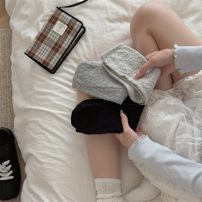 2025袜子女春秋季纯棉日系ins潮袜口镂空黑白纯色百搭堆堆袜长袜|undefined