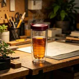 食品级安全双层透明吸管杯塑料咖啡杯螺纹内胆耐高温防漏便携饮水
