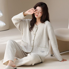 空气棉睡衣女秋冬季100%纯棉夹层保暖加厚长袖开衫宽松家居服套装