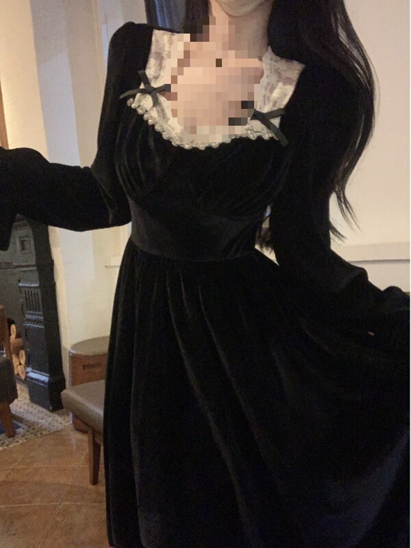 French Court Style Princess Dress Velvet Dress Autumn Plus Size Fat Slimming Ladylike Little Black Dress Long Dress French Court Style Princess Dress Velvet Dress Autumn Plus Size Fat Slimming Ladylike Little Black Dress Long Dress