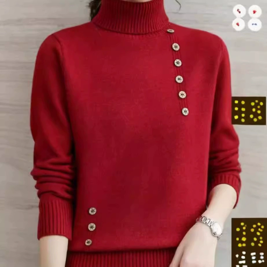 Нижняя рубашка с высоким воротником сплошного цвета женская 2024 новая корейская версия осень-зима с длинными рукавами тонкая мягкая и удобная вязаная свитер