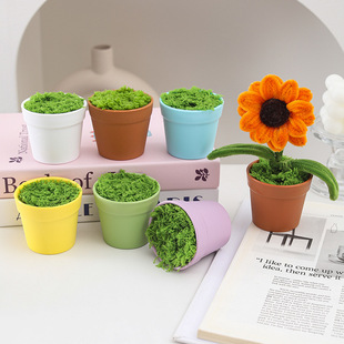 Handmade DIY Crocheted Flower Pot Plastic Frosted Anti-Fall Imitation Pottery Color Mini Potted Plant Artificial Wool Flower Planting Flower Pot