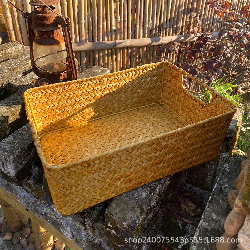 Cesta de almacenamiento de tejido de algas de mar, caja de acabado de tejido manual, mesa, cesta pequeña, bocadillos, caja de almacenamiento de artículos portátiles