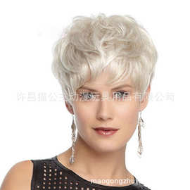 厂家货源 欧美假发女士中年短发速卖通蓬松短卷发 奶白色化纤假发
