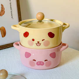 批发学生宿舍碗粉碗盖带螺丝韩式方便面碗双耳ins用可爱汤碗陶瓷