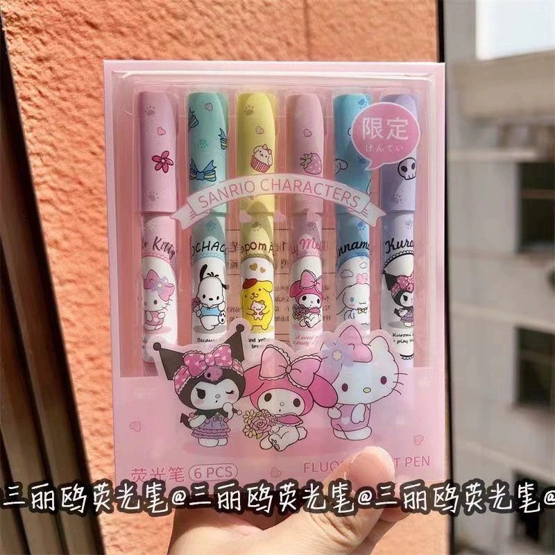 Fluorescent Marker (Sanrio) Oblique Tip, Pastel 6‑Pack Highlighters for Students