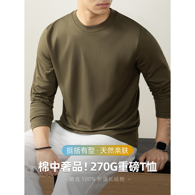 [100% Xinjiang Long-Staple Cotton] Spring and Autum Round Neck Long-Sleeved T-Shirt for Men, Pure Cotton, Thick and Opaque, Inner Layering T-Shirt