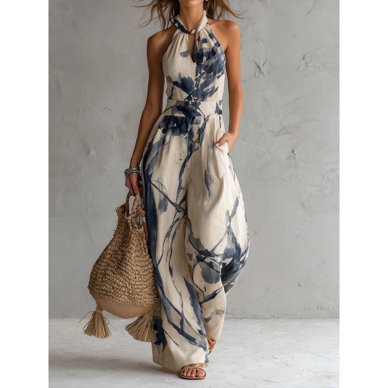 2026 cross-border independent station new collection: women's summer vacation and casual sleeveless wide-leg jumpsuit with ink wash print