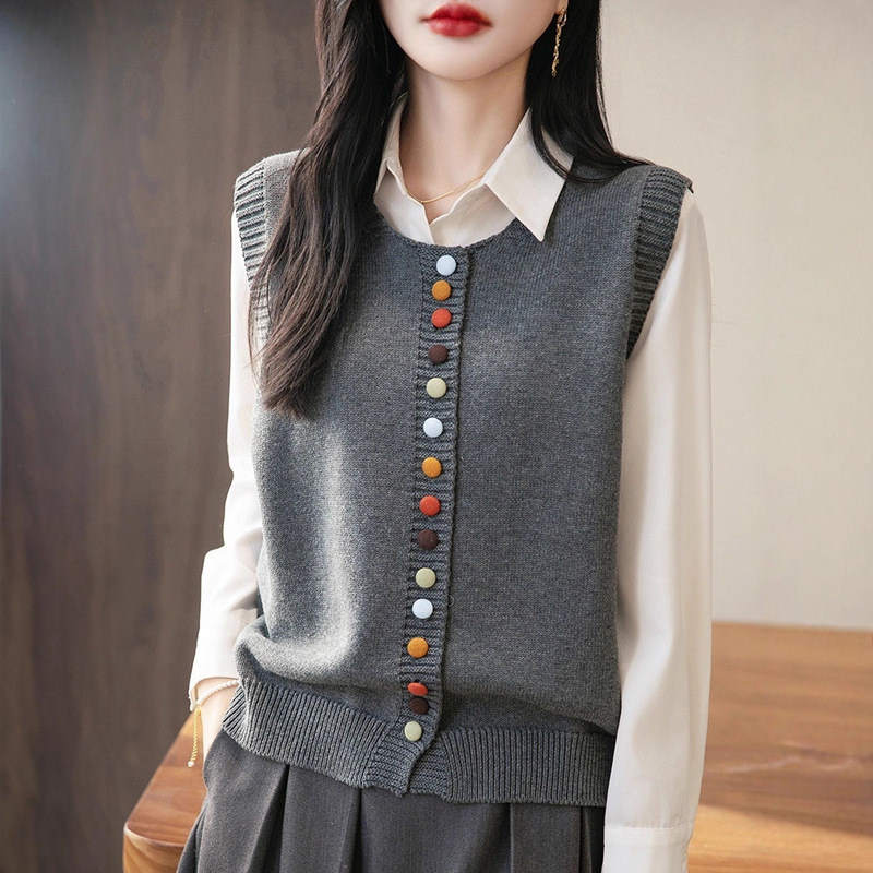 Colorful Button Pure Cotton Knitted Vest Cardigan for Women 2025 Spring and Autumn Sleeveless Loose Outerwear Vest Jacket for Women Dropshipping
