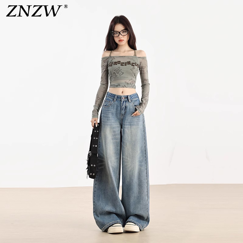Light-Colored Women's Jeans 2025 Trendy New Women's Summer American Retro Whiskered Loose Wide-Leg Pants