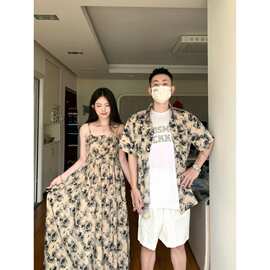 2023夏季情侣装长款吊带连衣裙水墨印花收腰修身显瘦吊带裙子