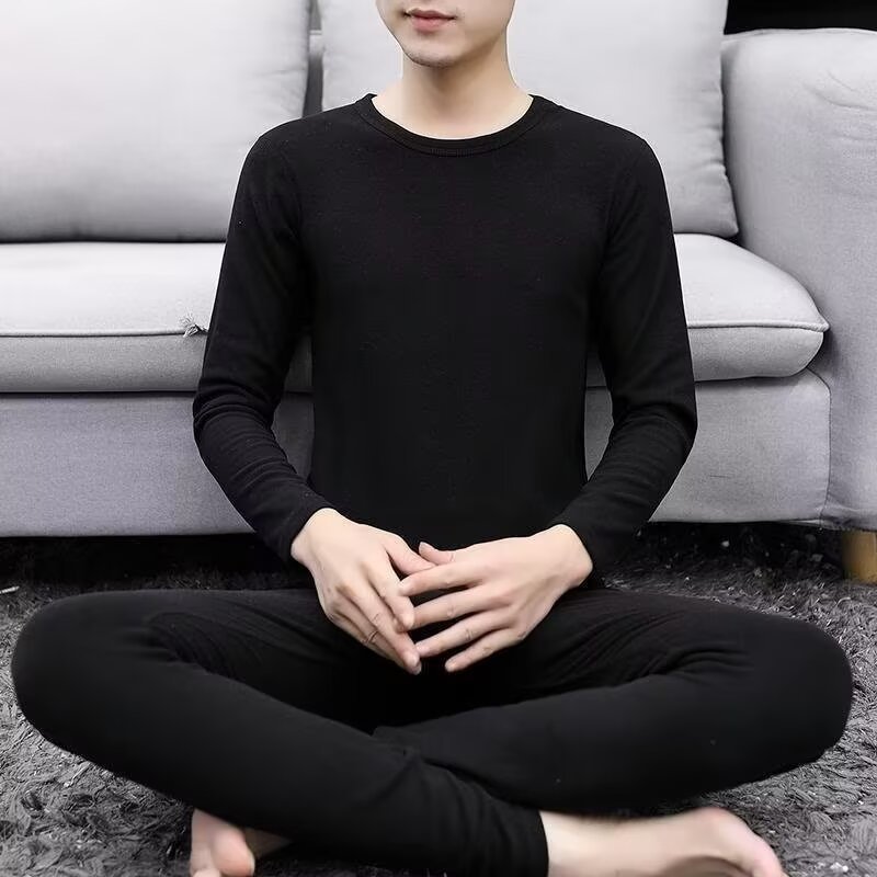 Autumn and Winter Men's Simple German Velvet Pure Color Thermal Intimates Base Set Men's Round Neck Slim Autumn Clothes and Long Pants Set