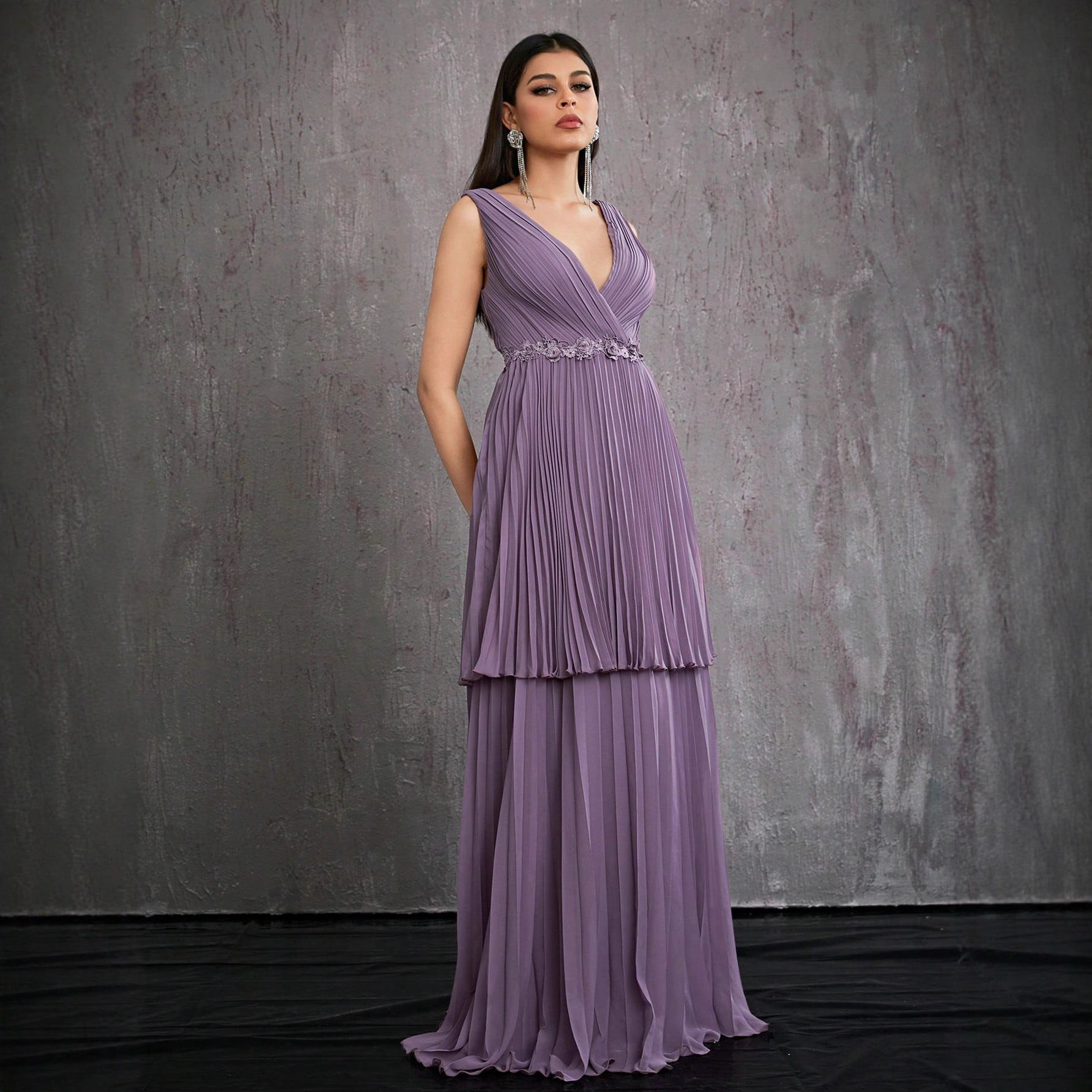 Europa y América V-collar vestido de baile vestido de pastel vestido laminado vestido de anfitrión elegante temperamento vestido vestido largo mujer