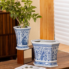 雨彤“长尾鸟”景德镇青花瓷扁花盆陶瓷仿古中式家居客厅陶瓷花盆