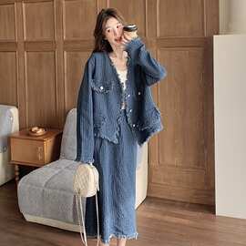 韩版毛边复古牛仔套装裙女春秋2026新款V领外套高腰半身裙两件套