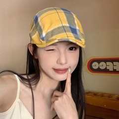 黄色格子多巴胺贝雷帽女夏天2025新款复古帽子薄款鸭舌前进帽潮